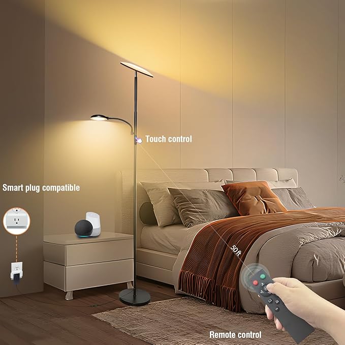 Floor Lamps for Living Room, 44W/4500LM Super Bright 2 in 1 LED Floor Lamp with Remote, Stepless Dimmable, 69" Tall Standing Floor Lamp with Bendable Reading Light for Bedroom Office
