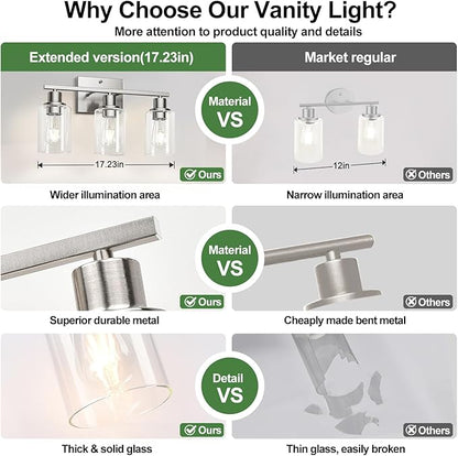3-Light Bathroom Light Fixtures, Vanity Light with Clear Glass Shades, Brushed Nickel Bathroom Light Fixtures Over Mirror, Modern Bathroom Wall Lamp for Mirror Living Room Cabinet Bedroom