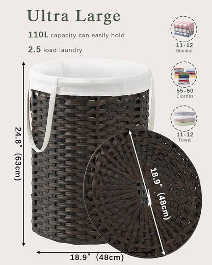 SETVSON Laundry Basket with Lid Round Rattan Laundry Hamper with Lid and Handles 29.1 Gal (110 L) Handwoven Woven Basket with Removable Bags and 2 Mesh Bags for Bathroom Living Room Brown