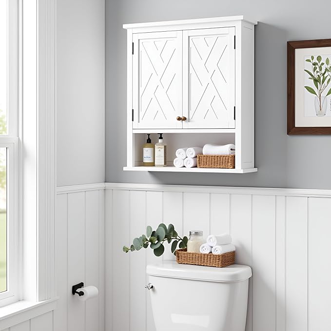 Alaterre Furniture Coventry 27W x 29H Wall Moted Bath Storage Cabinet with Two Doors and Open Shelf