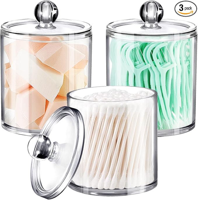 SheeChung 3-Pack Clear Acrylic Qtip Holder with Labels – Shatterproof Plastic Apothecary Jars for Bathroom Organization – Vanity Cotton Swab Holder Canisters for Cotton Balls,Pads,Floss Picks
