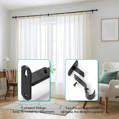 Adjustable Curtain Rod Brackets, Metal Window Drapery Rod Hanger Holders Hooks for 1 inch Rods (Black, Set of 3)