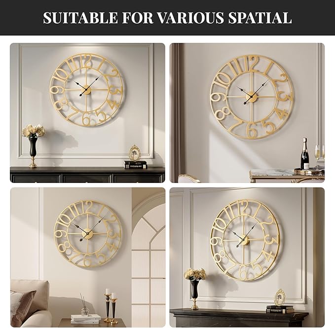 Cuspin Large Wall Clock 24 Inch Gold, Decorative Wall Clocks Battery-Operated, Modern Metal Round Clock Silent Non Ticking Arabic Numerals for Living Room Kitchen Mantel Bedroom Office Decor