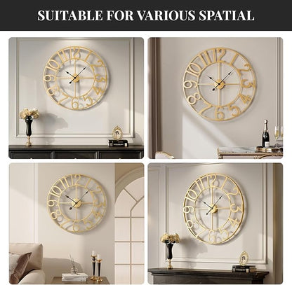 Extra Large Wall Clock 36 Inch Gold Wall Clock Battery Operated, Decorative Gold Clocks Silent Non Ticking for Living Room Kitchen Mantel Decor, Metal Round Modern Clock Arabic Numerals