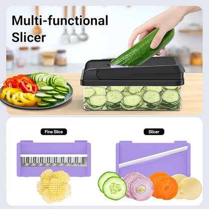 SpaceHacks 15-in-1 Vegetable Chopper, Kitchen Gadgets with 10 Blades, Veggie, Food, Onion Chopper, Cucumber Slicer, Versatile Mandoline, Includes Egg Separator & Finger Guard, Purple