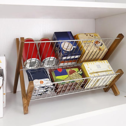 HTB Dish Drying Rack 2 Tier,Collapsible Stainless Steel & Teak Wood Dish Drying Rack,Foldable Dish Drainer for Plates,Cups,Kitchen Counter,Home,Apartment