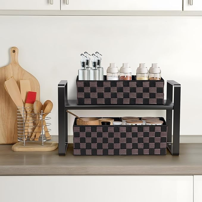 2-Pack Checker Pattern Woven Bins, 16” Ribbon Metal Wire Desk Organizer, Drawer Dresser Baskets, Countertop Toilet Paper Storage Containers (Black & Brown)