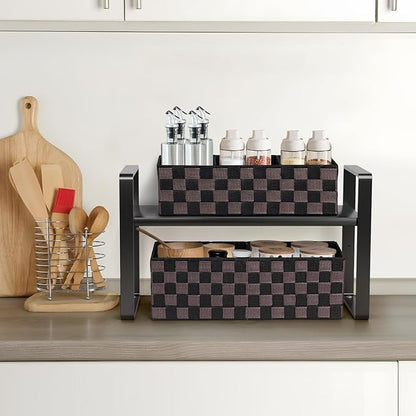 2-Pack Checker Pattern Woven Bins, 16” Ribbon Metal Wire Desk Organizer, Drawer Dresser Baskets, Countertop Toilet Paper Storage Containers (Black & Brown)