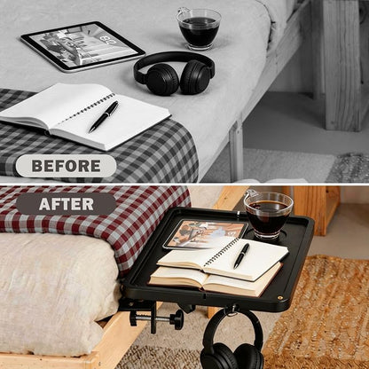 Foldable Bedside Shelf - Bamboo Bedside Shelf with Storage Bag Metal Clip-On Bed Tray Table for Bunk Bed & Dorm Beds, Space Saving Nightstand for Loft Beds