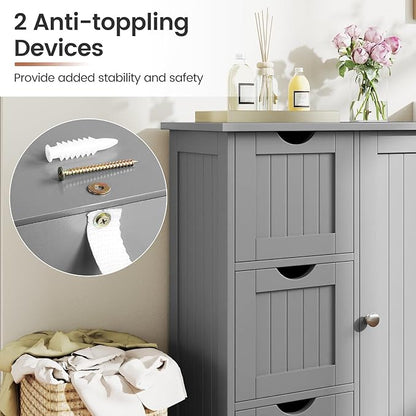 Tangkula Bathroom Floor Cabinet, Freestanding Storage Cabinet with 3 Drawers & Single Door, Adjustable Shelf, Multipurpose Bathroom Storage for Home Office, 23.5 x 12 x 32 Inches (3 Drawers, Grey)