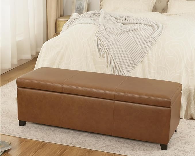 Homebeez 46" Faux Leather Storage Ottoman,End of Bed Bench,Upholstered Ottoman Bench with Storage for Living Room,Bedroom,Entryway