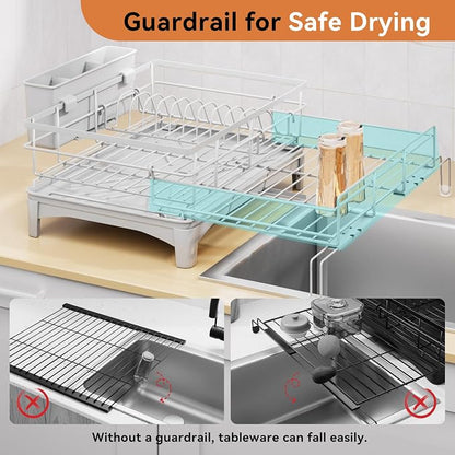 Laveshop Dish Drying Rack - Expandable Rack, Large Capacity Dish Drainer for Kitchen Counter, Rust-Proof with Utensil Holder, Gray