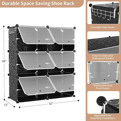 ROJASOP 6-Tier 24-Pair Expandable Shoe Rack Organizer with 2 Hooks, Black