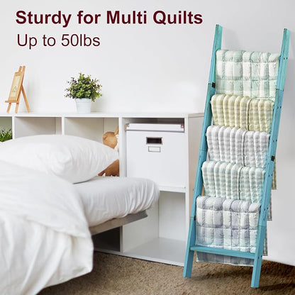 Honest Blanket Ladders for The Living Room, 6-Tier Blanket Holder, Wall-Leaning Blanket Rack, Ladder Shelves, Wooden Quilt Ladder, Farmhouse Decor, Blue