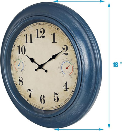 18 Inch Large Outdoor Clock with Thermometer & Hygrometer – Blue Vintage Farmhouse Decor Wall Clock Waterproof for Patio, Garden, Pool, Porch