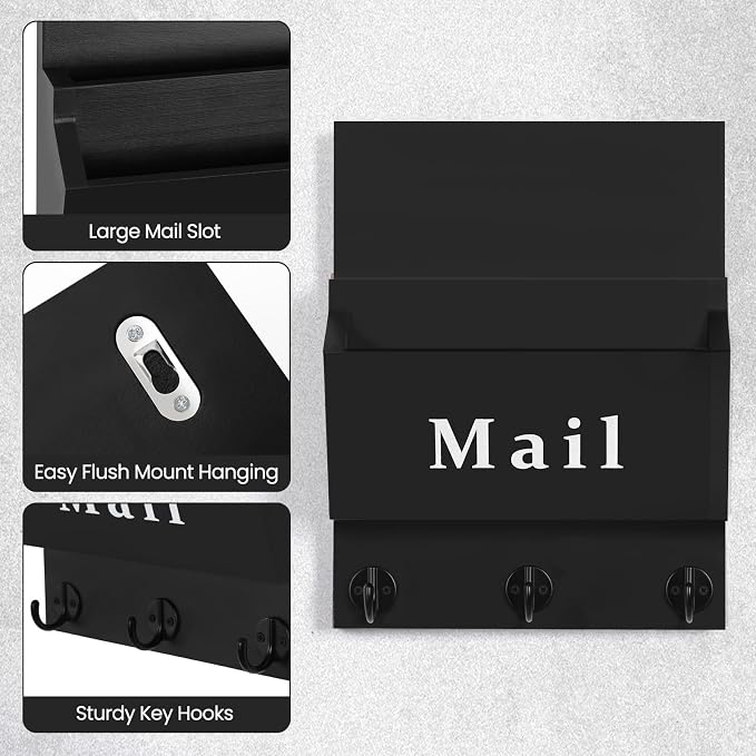 Mail and Key Holder - Decorative 8.86" x 11.42" Wall Key Hanger with 2 Mail Organizer Slots and 3 Hooks - Real Paulownia Wood with Keyhole Brackets, Hardware and Instructions (Black)