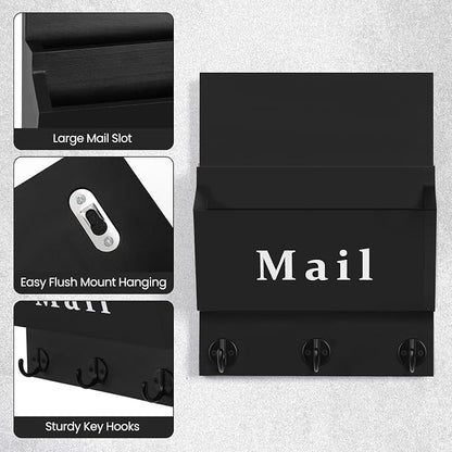 Mail and Key Holder - Decorative 8.86" x 11.42" Wall Key Hanger with 2 Mail Organizer Slots and 3 Hooks - Real Paulownia Wood with Keyhole Brackets, Hardware and Instructions (Black)