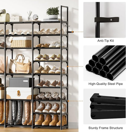 WOWLIVE 4 Row 9 Tiers Extra Large Shoe Rack 68-72 Pairs Big Tall Metal Shoe Shelf, Heavy Duty Organizer for Closet Entryway, Boot Rack Storage Stackable Stand for Garage Black