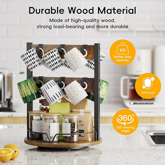 KLM Wood Coffee Mug Holder,12 Hook Mug Tree Holder Rack with Storage Base,Mug Display Organizer,Mug Holders for Home Kitchen,Support 360° rotation for easy access