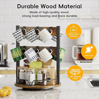 KLM Wood Coffee Mug Holder,12 Hook Mug Tree Holder Rack with Storage Base,Mug Display Organizer,Mug Holders for Home Kitchen,Support 360° rotation for easy access