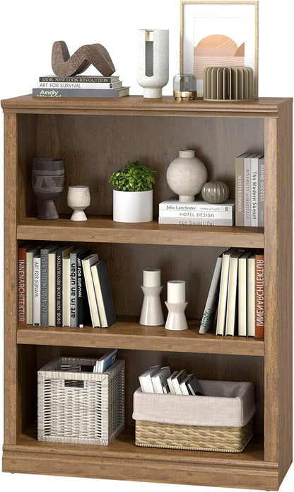 blini 3-Shelf Bookcase Wooden Bookshelves 33in Wide Floor Standing Display Storage Shelves Vintage Oak Bookcase for Home Office, Living Room, Bed Room