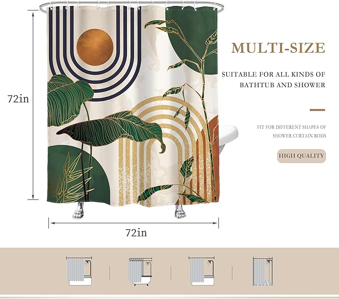 Glawry Abstract Mid Century Shower Curtain Green Retro Boho Tropical Palm Tree Sun Arch Bathroom Modern Minimalist Aesthetic 72Wx72L Inches Bath Accessories Art Home Decor Fabric 12 Pack Hooks