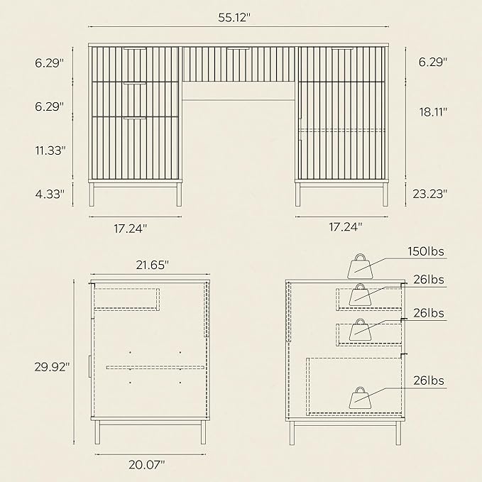 55" Large Fluted Executive Desk with File Drawer, Computer Desk with Storage and Charging Station, Modern Wooden Home Office Desk for Workspace, Writing, Study, Light Oak