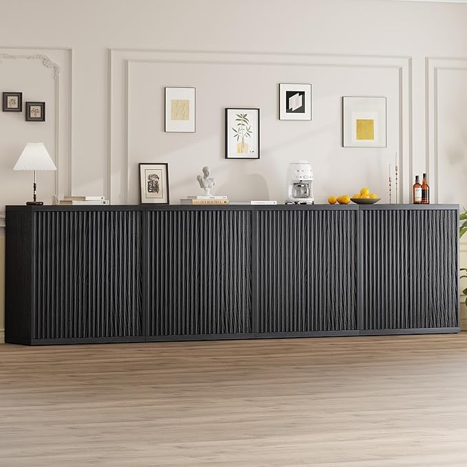 31” Sideboard Cabinet with Storage, Fluted Accent Cabinet with Adjustable Shelves, Modern Wood Credenza Cabinets with Pop-up Doors for Entryway Kitchen Living Room Hallway, Black 4pcs