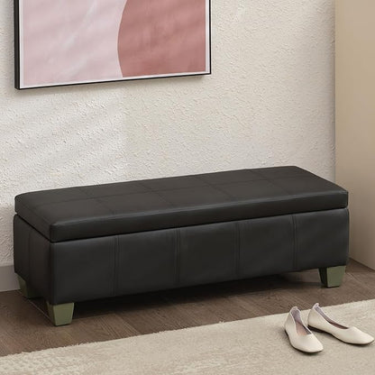 51 Inch Storage Ottoman, Storage Bench with Safety Hinge, Upholstered Synthetic Leather Ottoman Bench for Bedroom, Living Room, Entryway, Hallway, Foot Rest, Support 500lbs, Black