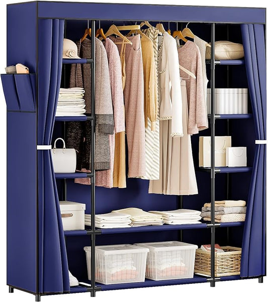 SORCEDAS Portable Closet Wardrobe Organizer Storage with Cover Non-Woben Fabric Portable Wardrobe Closet for Hanging Clothes Racks Shelving 33 Inch for Bedroom, Blue (Blue, 59Inch)
