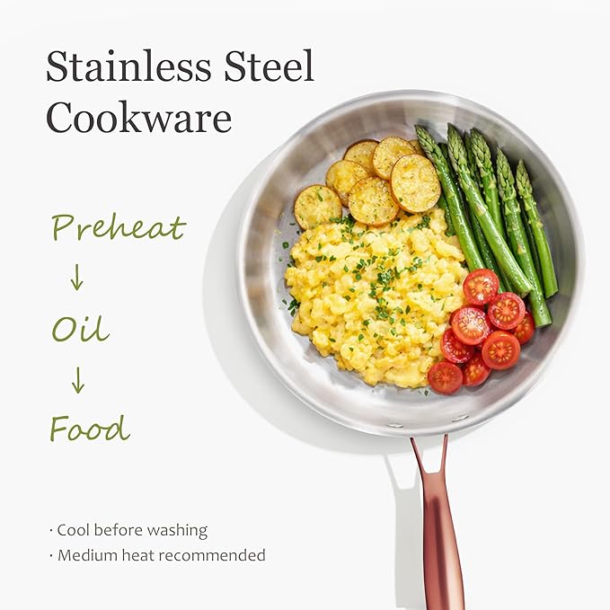 CAROTE 10" Tri-Ply Stainless Steel Frying Pan, Non-Toxic Fry Pan Egg Pan Omelet Pans, Oven Safe, Induction, Ceramic and Gas Cooktops Compatible, Polished Silver