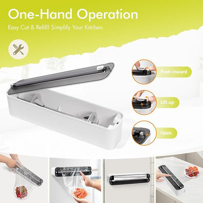 Aluminum Foil & Plastic Wrap Dispenser with Cutter - Magnetic & No-Drill Wall Mount, Cling Film Dispenser for Countertops & Cabinets, Space-Saving Kitchen Organizer - Fits 300 m Rolls, Black