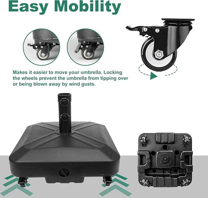 Patio Umbrella Base Heavy Duty with Wheels Square Market Stand for Outdoor 4 Locks 2 Knobs 125lb Capacity, Black