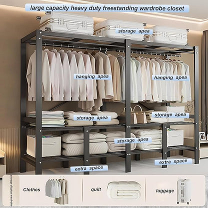 95.3in Heavy Duty Foldable Wardrobe with Cover, Portable Closets for Hanging Clothes, Load 1200lbs, Large Capacity Freestanding Armoires Portables Storage Covered Garment Racks (grey, 95.3in/242cm)