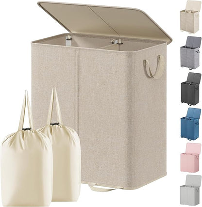 Lifewit Double Laundry Hamper with Lid and Removable Laundry Bags, Large Collapsible 2 Dividers Dirty Clothes Basket with Handles for Bedroom, Laundry Room, Closet, Bathroom, College, 155L Beige