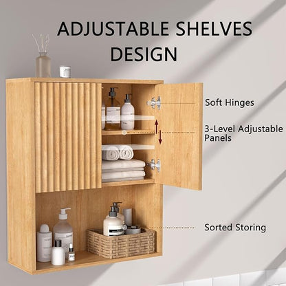 Fluted Bathroom Wall Cabinet Over The Toilet Storage,Wall Mounted Cabinet with Adjustable Shelf,Floating Cabinet Organizer Hanging Cabinet,Kitchen and Laundry Room Cabinets (Oak, 1 PC)