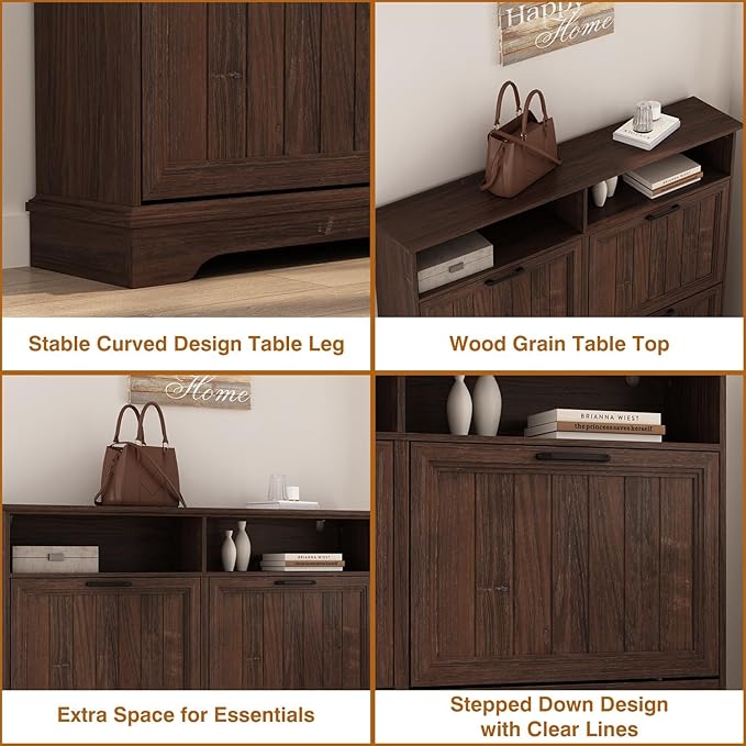 Shoe Storage Cabinet with 4 Flip Drawers, Farmhouse Modern Hidden Shoes Rack Cabinet with Adjustable Shelves & Open Storage, Narrow Slim Shoe Organizer for Front Door Entrance, Entryway, Walnut