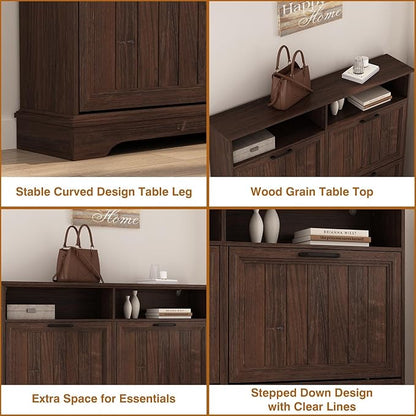 Shoe Storage Cabinet with 4 Flip Drawers, Farmhouse Modern Hidden Shoes Rack Cabinet with Adjustable Shelves & Open Storage, Narrow Slim Shoe Organizer for Front Door Entrance, Entryway, Walnut