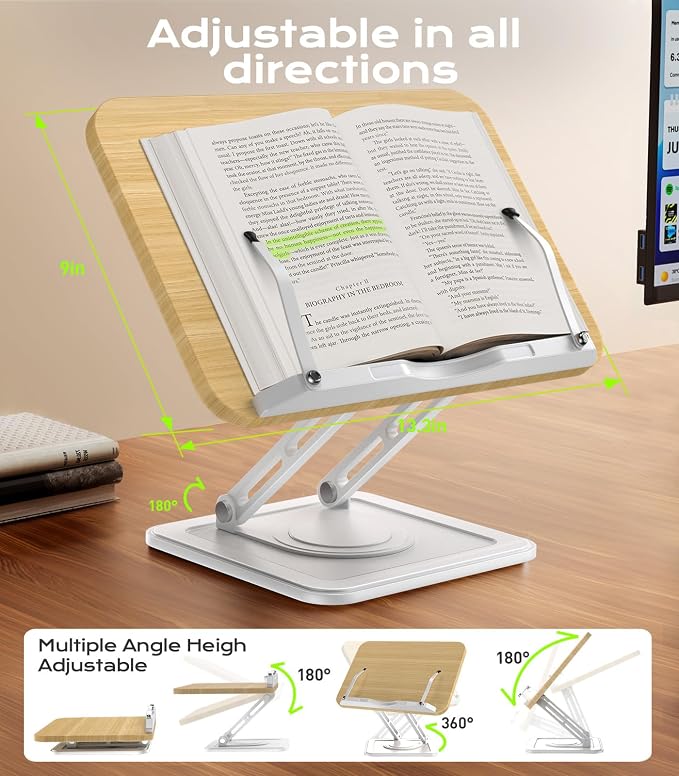 Book Stand for Reading, Adjustable Book Holder with 360°Rotating Bases, Ergonomic Cookbook Stand Recipe Book Holder with Elastic Page Clips for Magazines, Tablets, Laptops,White