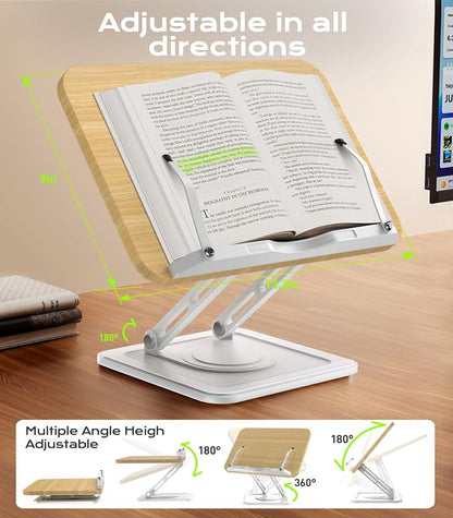 Book Stand for Reading, Adjustable Book Holder with 360°Rotating Bases, Ergonomic Cookbook Stand Recipe Book Holder with Elastic Page Clips for Magazines, Tablets, Laptops,White