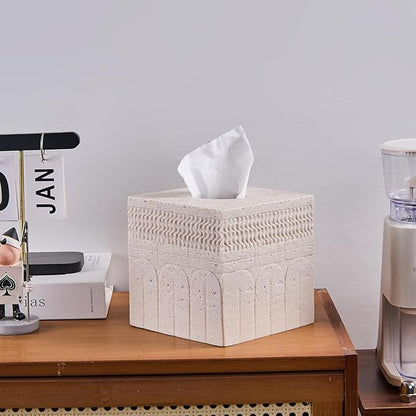 Beige Tissue Box Cover – Modern Resin Cube Holder for Bathroom, Bedroom, Office – Decorative Square Tissue Box for Countertop, Nightstand, Vanity & Desk – Heavy&Sturdy