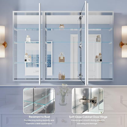 WELLFOR 52" x 36" Bathroom Medicine Cabinet with Mirror, Anodized Chrome Aluminum Frame, Surface Mount or Recessed Medicine Cabinet with Mirror, Bathroom Mirror with Storage, Three Doors