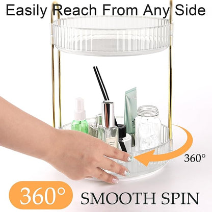 Clear 2-Tier Perfume Stand, 360° Rotating Plastic Vanity Organizer for Perfumes, Cosmetics & Skincare, Large Capacity Bathroom/Bedside Counter Storage Holder (Transparent)