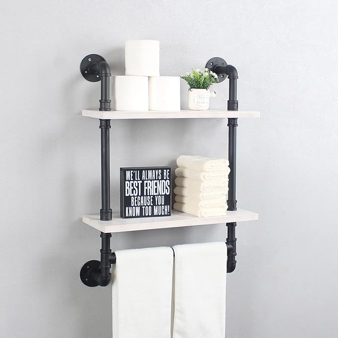 Bathroom Shelves,19.6in Rustic Wood Shelf with Towel Bar,2 Tier Farmhouse Towel Rack Over Toilet,Pipe Shelving Floating Shelves Towel Holder,Black & White