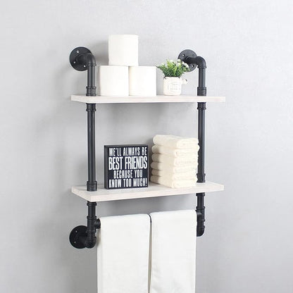 Bathroom Shelves,19.6in Rustic Wood Shelf with Towel Bar,2 Tier Farmhouse Towel Rack Over Toilet,Pipe Shelving Floating Shelves Towel Holder,Black & White