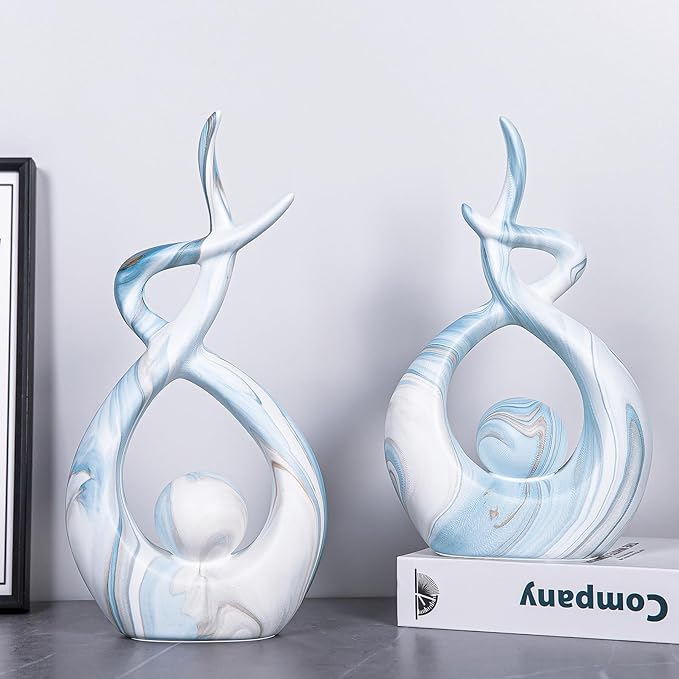 Large Sculpture Home Decor, Blue Table Centerpiece for Dining Room, Ceramic Statues Abstract Art Mantle Decor, Modern Room Decor Accents, Blue Marble Living Room Decoration