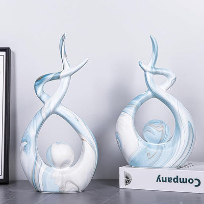 Large Sculpture Home Decor, Blue Table Centerpiece for Dining Room, Ceramic Statues Abstract Art Mantle Decor, Modern Room Decor Accents, Blue Marble Living Room Decoration