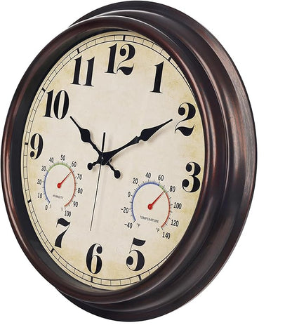 JENLYSTIME 16 Inch Dark Brown Vintage Wall Clock with Thermometer & Hygrometer - Waterproof Decorative Indoor/Outdoor Clock with Large Numerals & Silent Sweep Movement - Ideal for Porch, Garden, Pool
