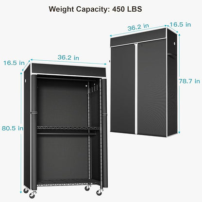 FUTASSI Clothing Rack with Cover, P1C Rolling Closets with Wheels, Metal Garment Rack for Hanging Clothes, Clothing Storage Wardrobe with Cover, 36.2" W x 16.5" D x 80.5" H, Black, Load 450 Pounds