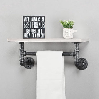 Industrial Pipe Shelf Bathroom Shelves Wall Mounted,19.6in Rustic Wood Shelf with Towel Bar,1 Tier Farmhouse Towel Rack Over Toilet,Pipe Shelving Floating Shelves Towel Holder,Retro White